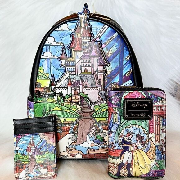 Beauty & Beast Stained Glass Castle Backpack, Wallet & Cardholder Loungefly NWT - Picture 1 of 16
